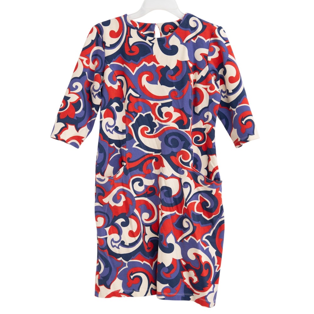 J. McLaughlin Dress Sz M Paisley Geometric Print Pockets Retro 60s Mod Chic Bold